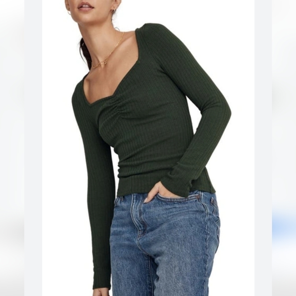 Madewell Dark Green Ribbed Long Sleeve Top